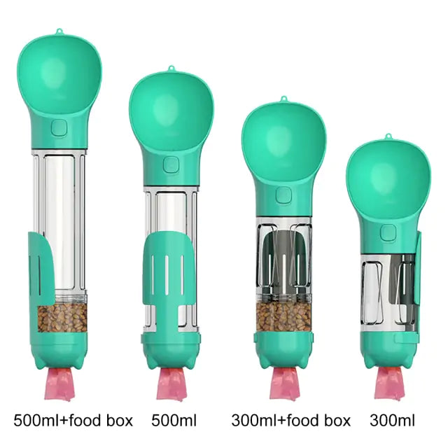 Four blue pet food dispensers of varying sizes (500 ml and 300 ml) with attached food boxes, displaying different configurations.