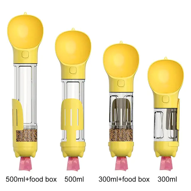 Four yellow pet food dispensers of varying sizes (500 ml and 300 ml) with attached food boxes, displaying different configurations.