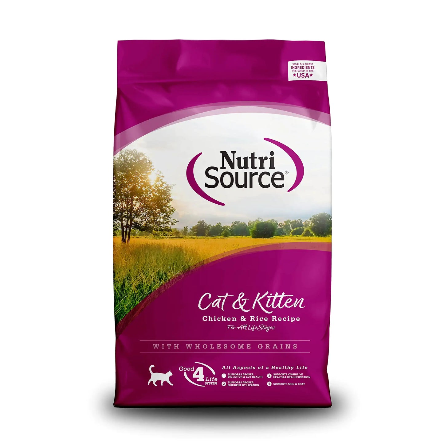 Bag of NutriSource Cat & Kitten Chicken & Rice Recipe pet food, featuring a nature-themed design and health benefits for all life stages.