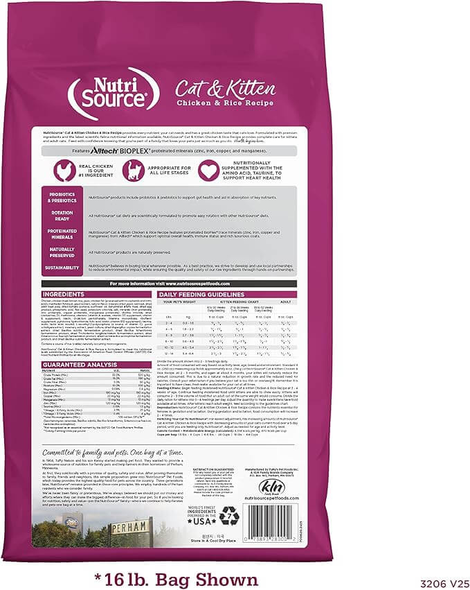 NutriSource Cat & Kitten Chicken & Rice Recipe bag, featuring feeding guidelines, ingredients, and nutritional analysis on a vibrant pink background.