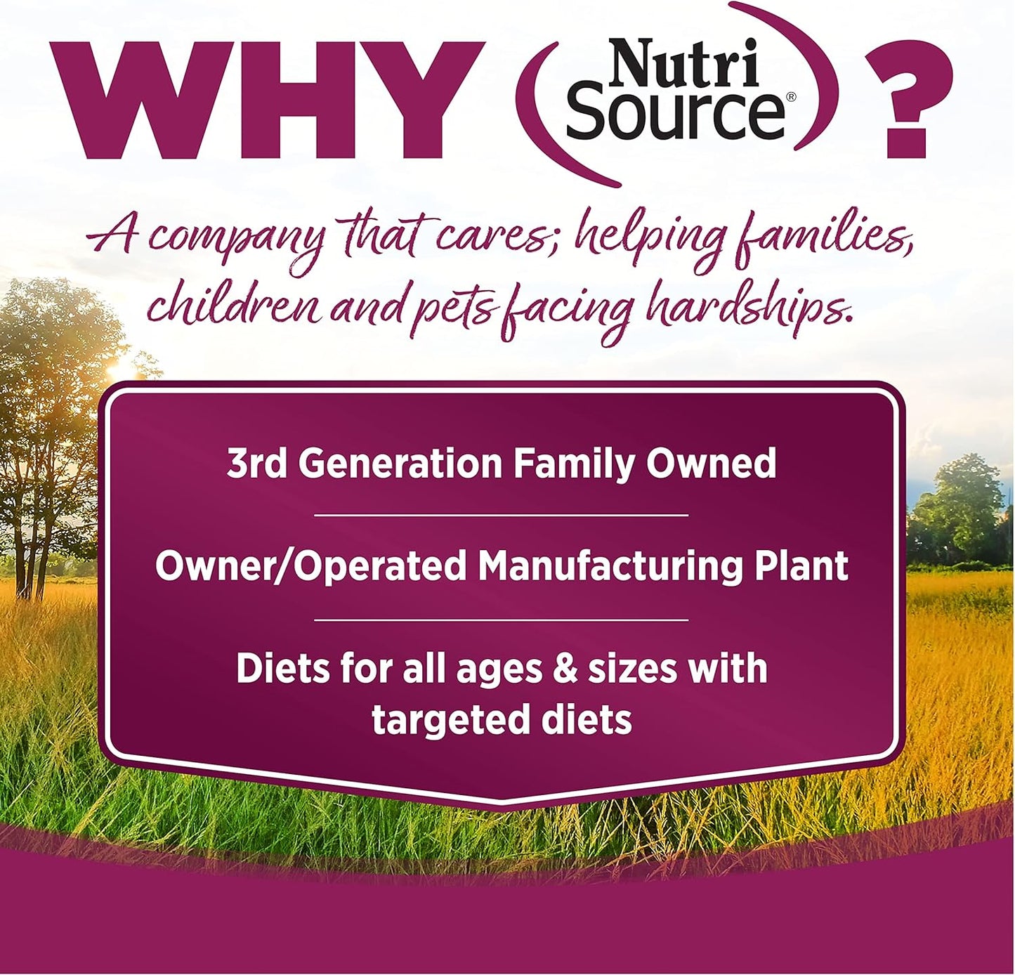 Graphic highlighting NutriSource's commitment to care, family ownership, and targeted diets for all ages and sizes of pets.