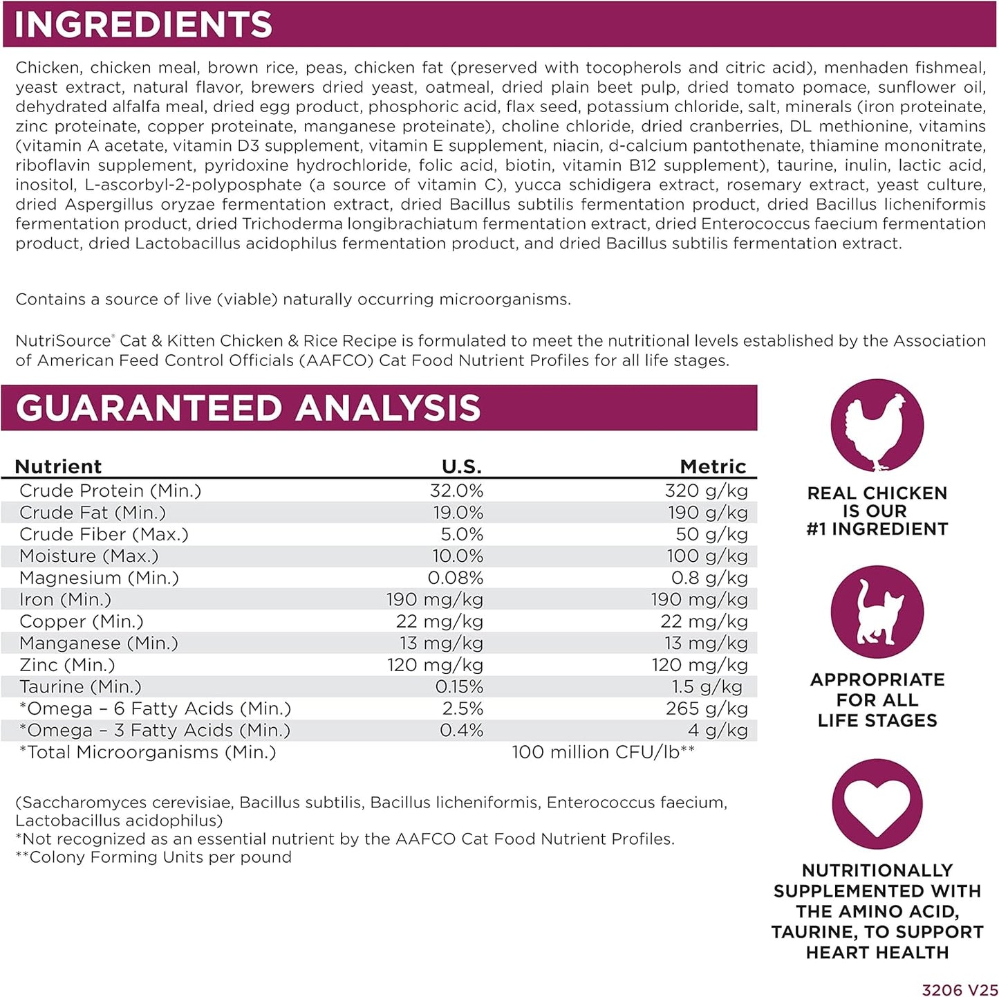 Nutrition label for NutriSource Cat & Kitten Chicken & Rice Recipe, detailing ingredients and guaranteed analysis for cats' dietary needs.