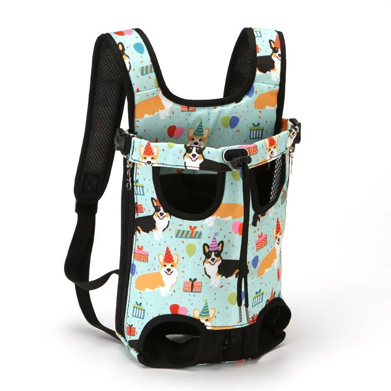 A colorful green dog carrier with a playful corgi pattern, featuring breathable mesh sides and adjustable straps for comfort and security.