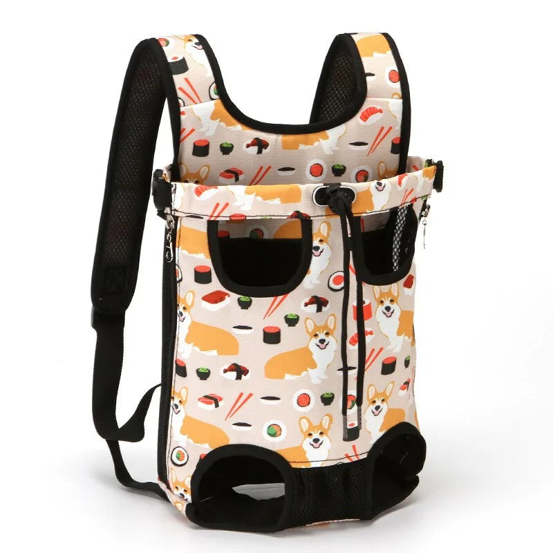 A cute pet carrier backpack with a sushi and corgi pattern, featuring mesh sides and openings for comfort and visibility.