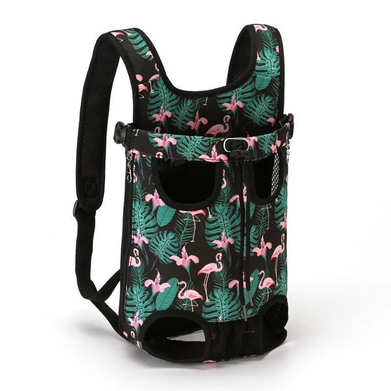 A stylish black pet carrier featuring pink flamingo and tropical leaf patterns, designed for comfort and easy access.