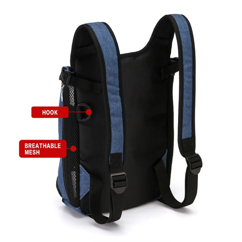 A black and blue backpack featuring breathable mesh straps and a side hook for accessories. Ideal for comfort and utility.