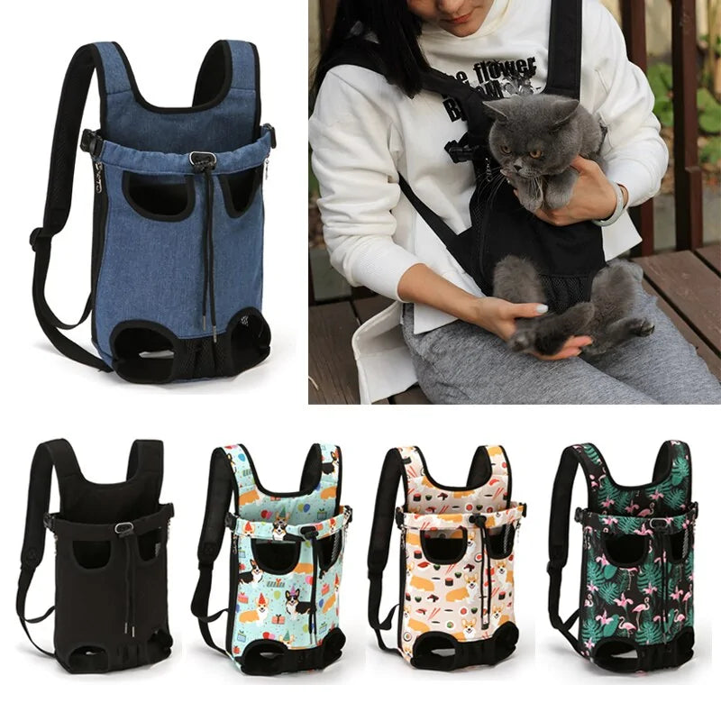 A woman holds a gray cat in a pet carrier, surrounded by various colorful backpacks designed for transporting pets.