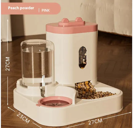 Pink pet food and water dispenser, featuring a clear water reservoir and kibble compartment, dimensions 27x23 cm.