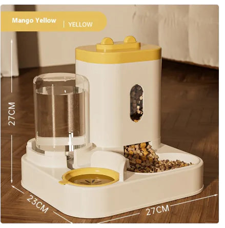 A stylish yellow and white pet feeder and water dispenser, with defined dimensions for a modern home setting.