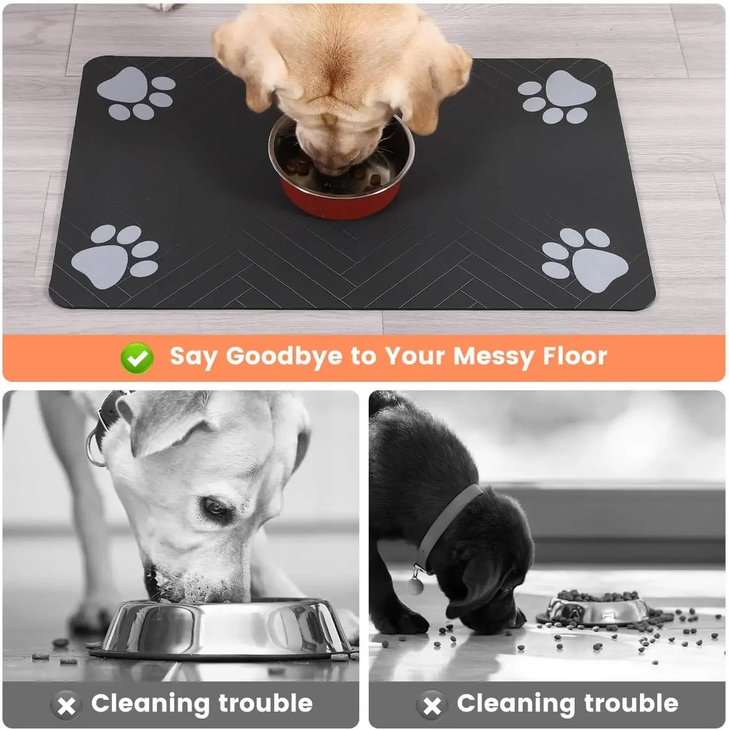 A dog eats from a red bowl on a black paw-print mat, with images of messy dog feeding areas and a message about floor cleanliness.