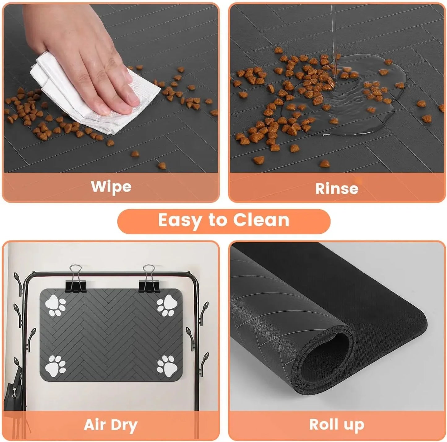 Step-by-step guide on cleaning a pet mat: wipe, rinse, air dry, and roll up for easy storage.
