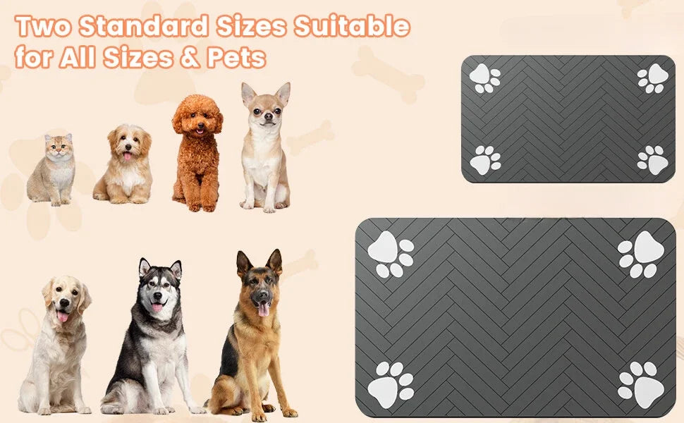 A variety of pets, including cats and dogs, sit alongside two colorful pet mats with paw prints, highlighting their suitability for all sizes.