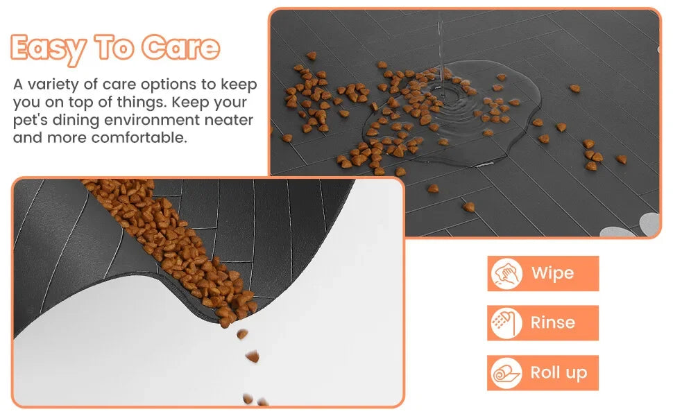 A pet feeding mat with spilled kibble and water, showcasing easy cleaning options: wipe, rinse, and roll up for convenience.