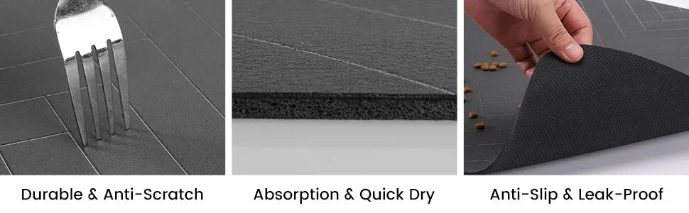 Three features of a black mat: anti-scratch durability, quick-drying absorption, and anti-slip, leak-proof design for pet use.