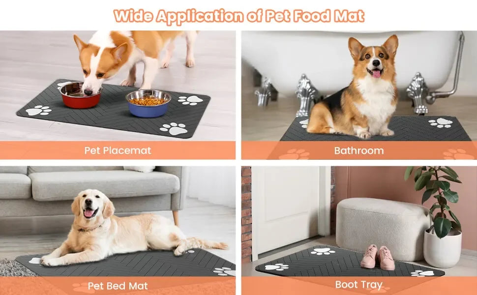 Image showcasing a versatile pet food mat used as a placemat, in a bathroom, for a pet bed, and as a boot tray.