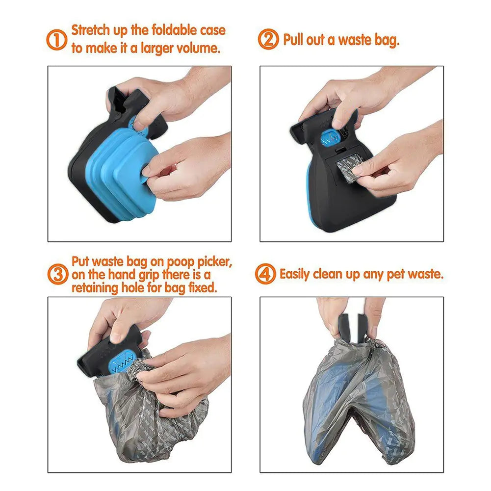Illustration showing steps to use a foldable pet waste picker, including bag setup and waste cleanup instructions.