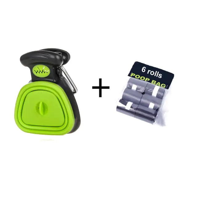 Dog waste dispenser in black and green with six rolls of poop bags. Practical accessory for pet owners.