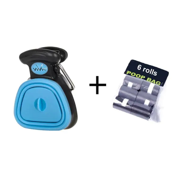 Dog waste dispenser in black and blue with six rolls of poop bags. Practical accessory for pet owners.