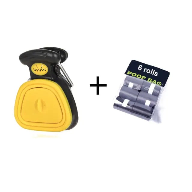 Dog waste dispenser in black and yellow with six rolls of poop bags. Practical accessory for pet owners.