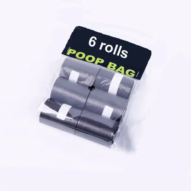 A sealed package containing six rolls of black poop bags, labeled "6 rolls POOP BAG" in bold letters on top.