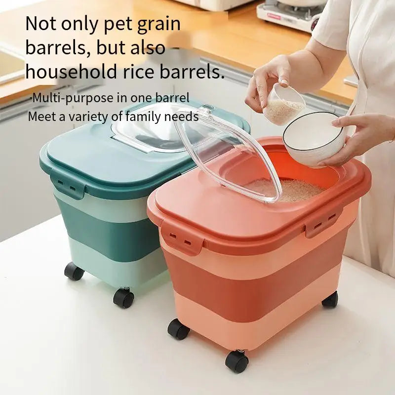 Two multi-purpose storage barrels for pet food and rice, with one being filled from a bowl, set on a kitchen counter top.