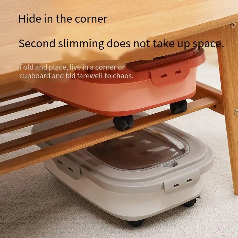 Two storage containers, one orange and one gray, neatly tucked under a wooden shelf, emphasizing space-saving and organization.