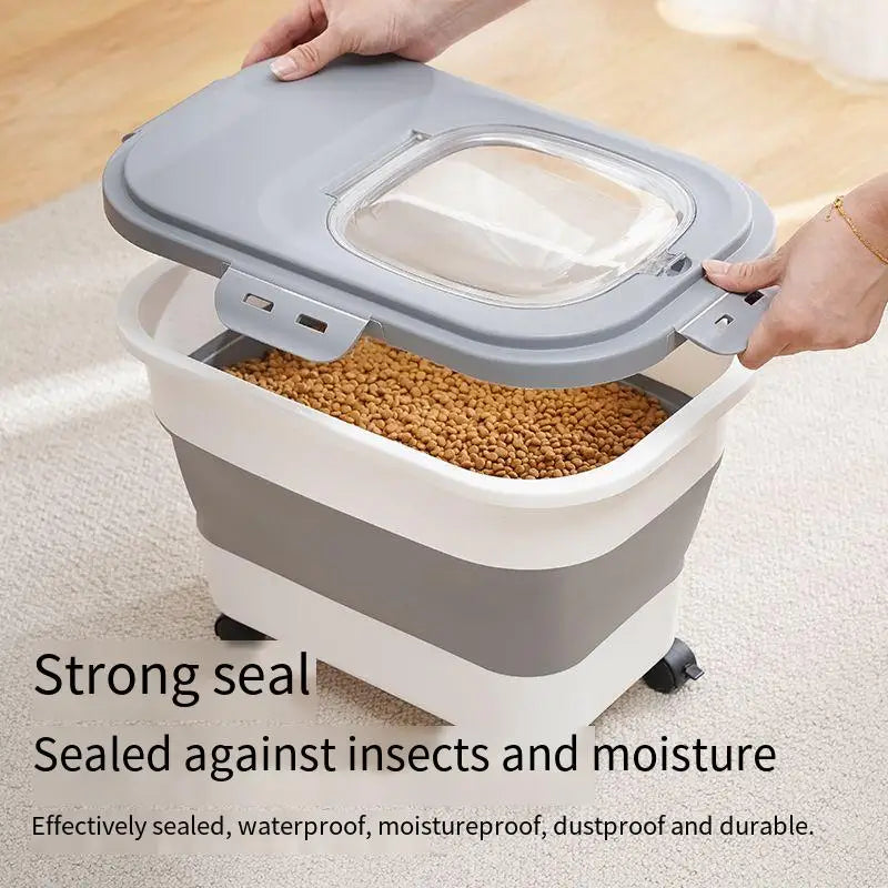 A person is securing the lid on a large, sealed storage container filled with pet food, ensuring it stays dry and insect-free.