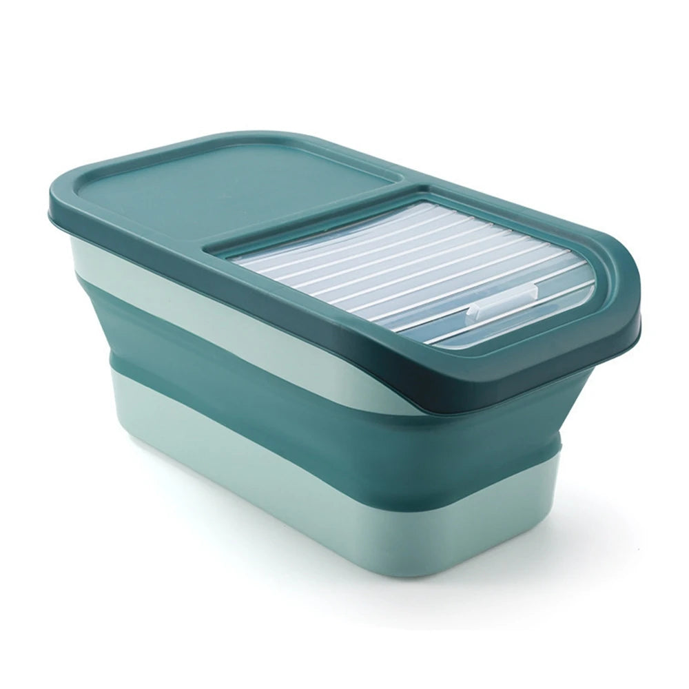 A teal and light blue rectangular food storage container with a slotted lid, designed for easy access and organization.