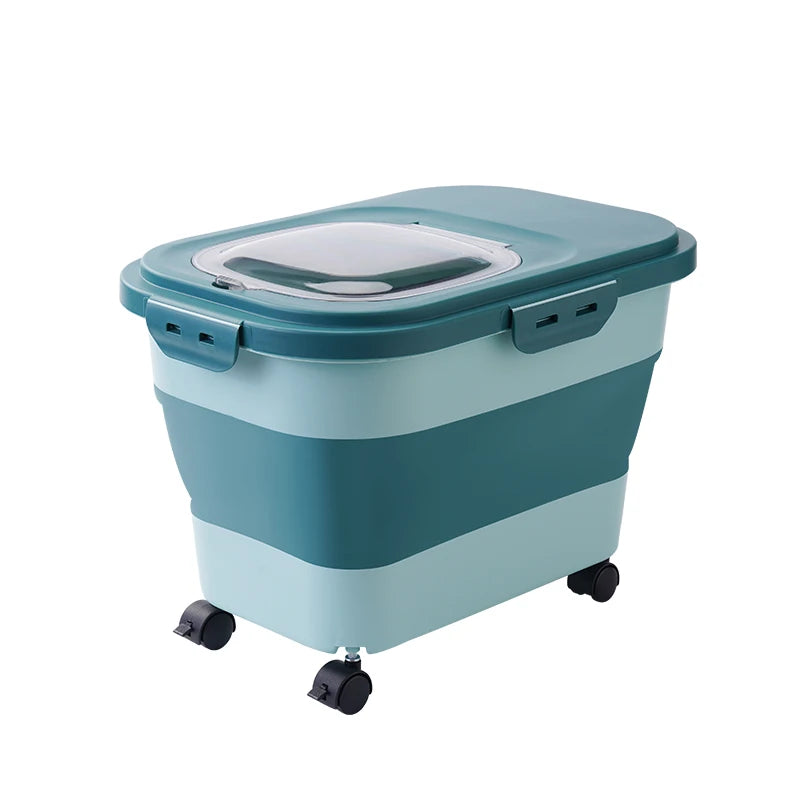 A teal and light blue storage bin with a transparent lid and wheels, designed for easy transport and organization.