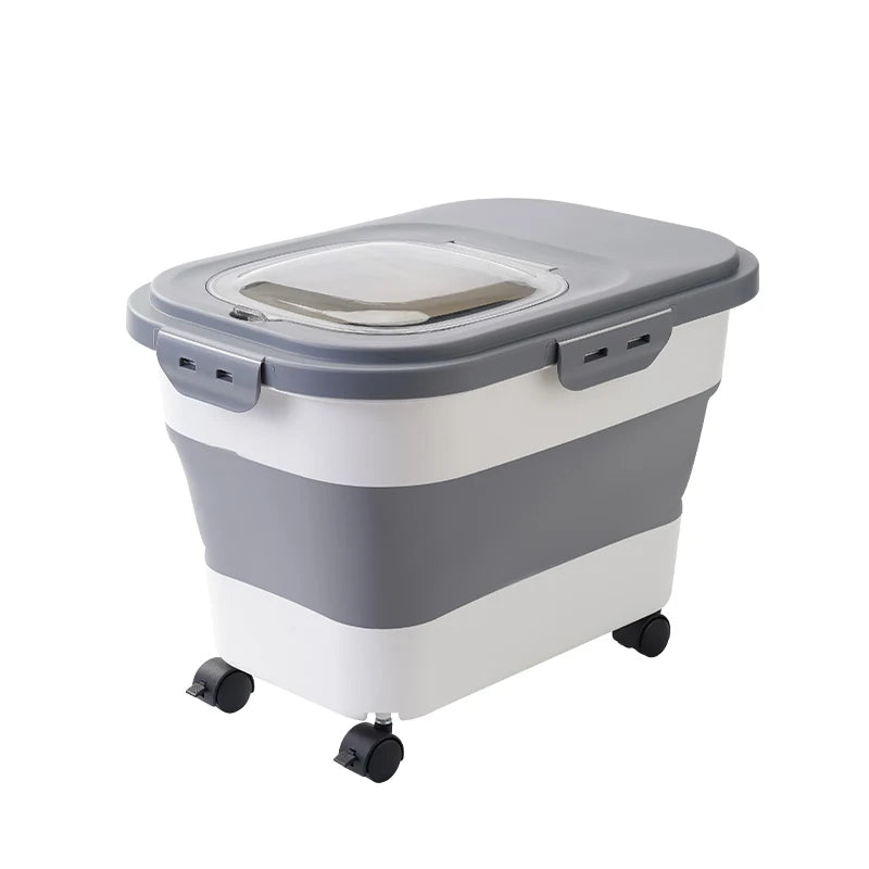 Gray and white storage container on wheels with a clear lid, ideal for organizing items in a modern setting.