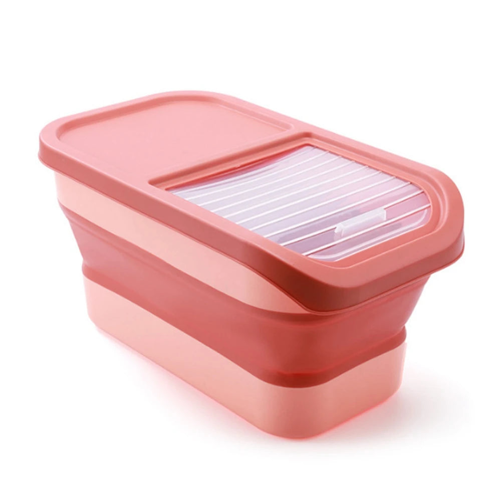 Peach-colored kitchen container with a transparent slotted lid, designed for storage and easy access to contents.