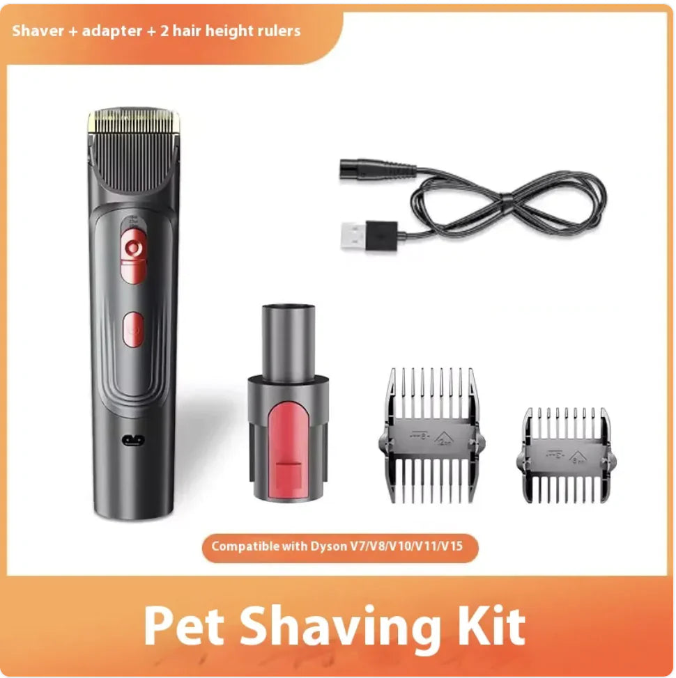 Pet shaving kit featuring a shaver, adapter, two hair height rulers, and USB charging cable, compatible with various Dyson models.