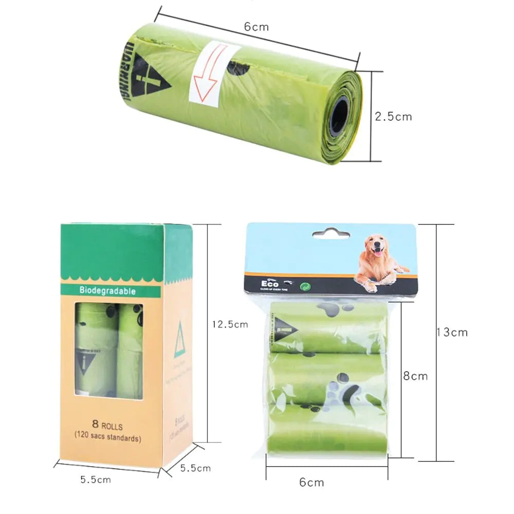 Two biodegradable dog waste bags rolls displayed; one in a box of eight rolls, the other in a clear package, both eco-friendly.