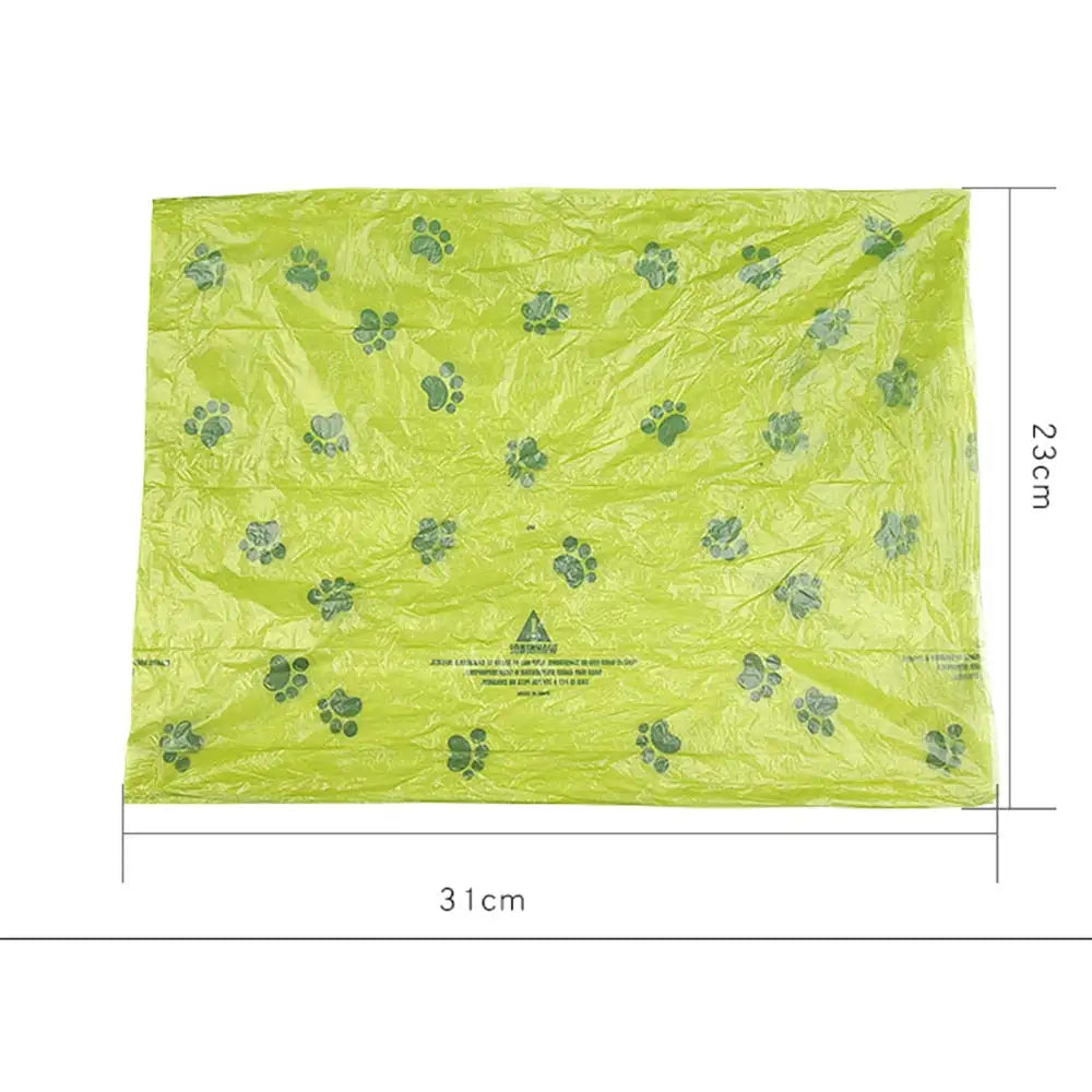 Bright green plastic bag with paw prints, measuring 31cm by 23cm, designed for pet waste disposal.