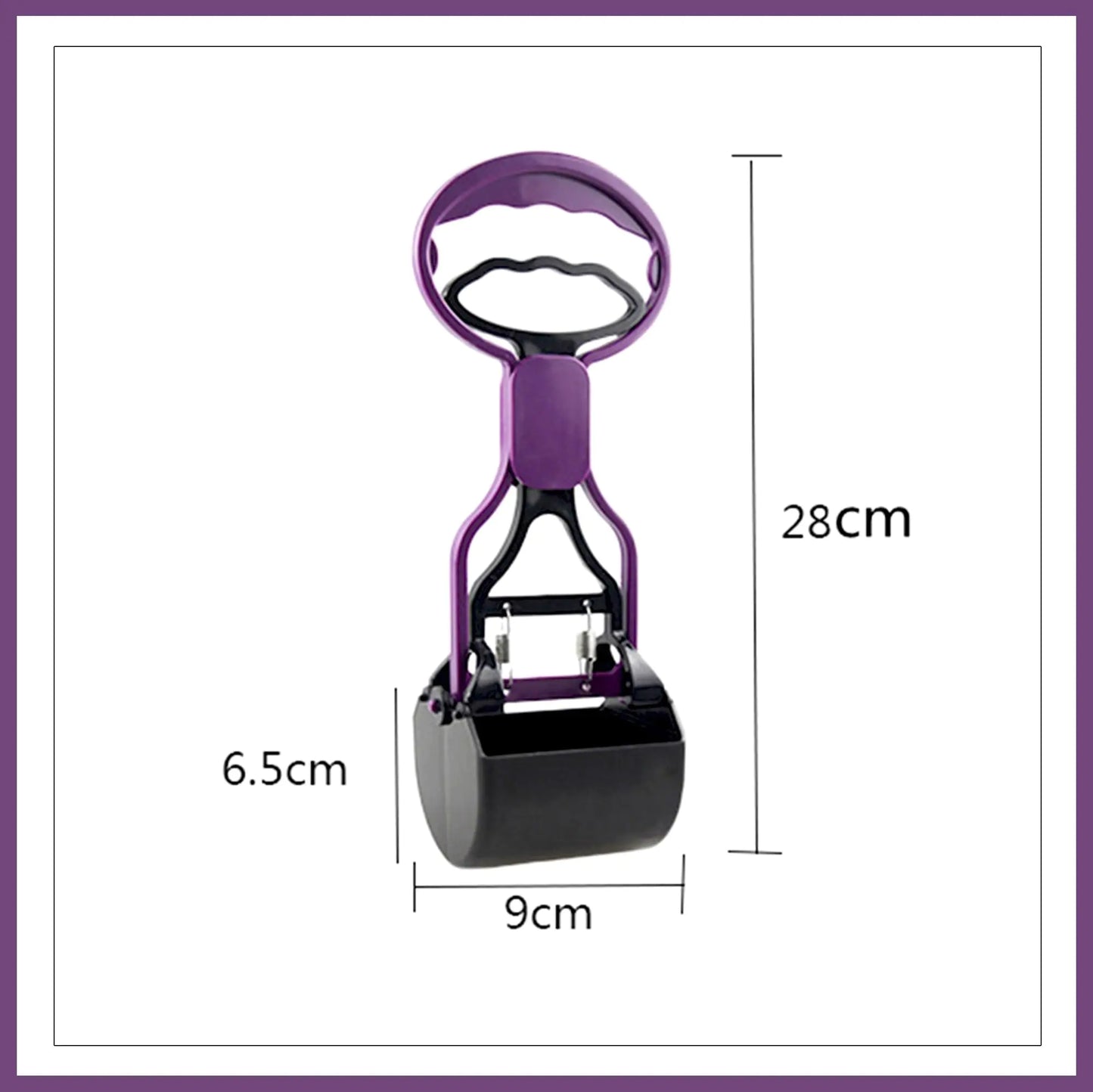 A purple and black portable scoop with dimensions: height 28cm, width 9cm, depth 6.5cm, featuring a comfortable handle.