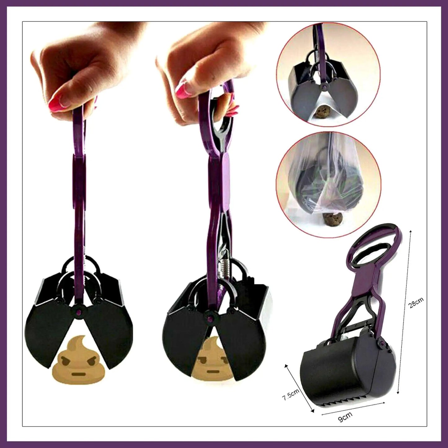 A hands-free scooper with a purple handle, designed to pick up pet waste, shown in use and storing a bagged waste.