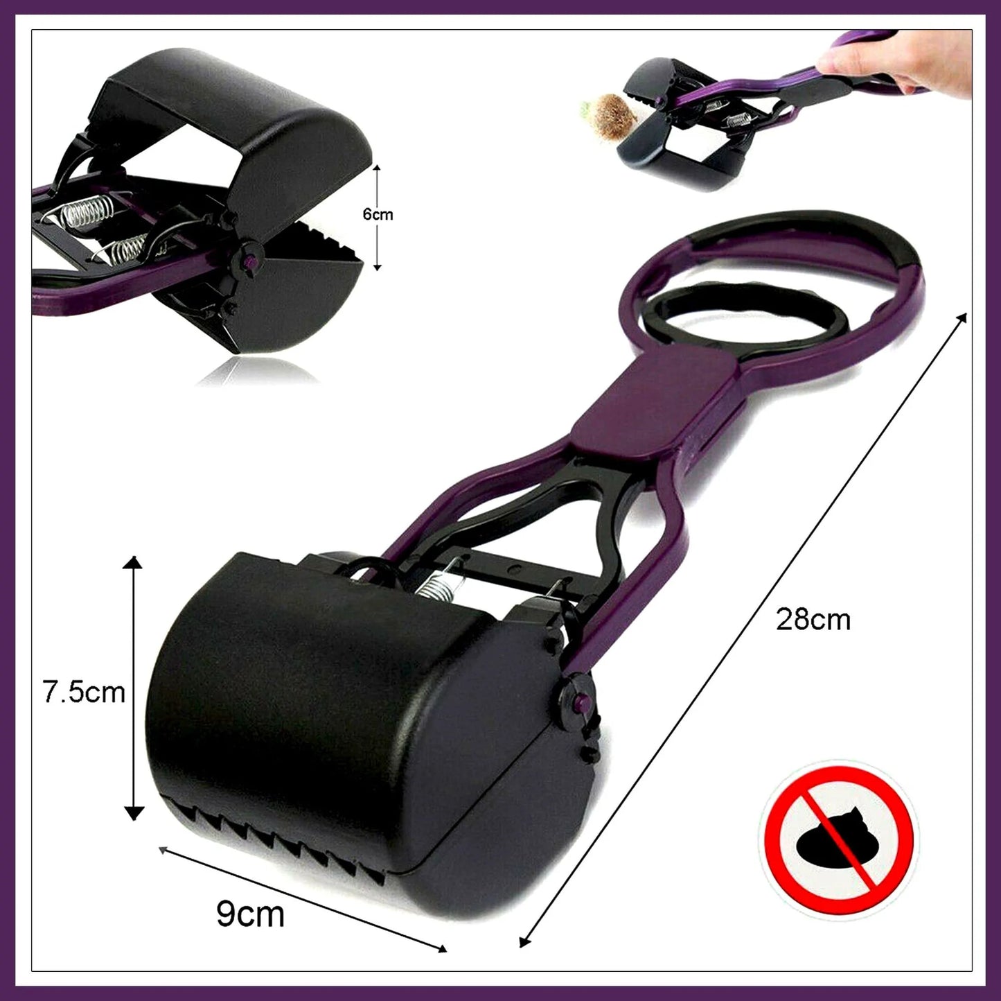Image of a purple and black pet waste pickup tool, measuring 28cm long, with dimensions labeled for functionality. No pets allowed symbol present.