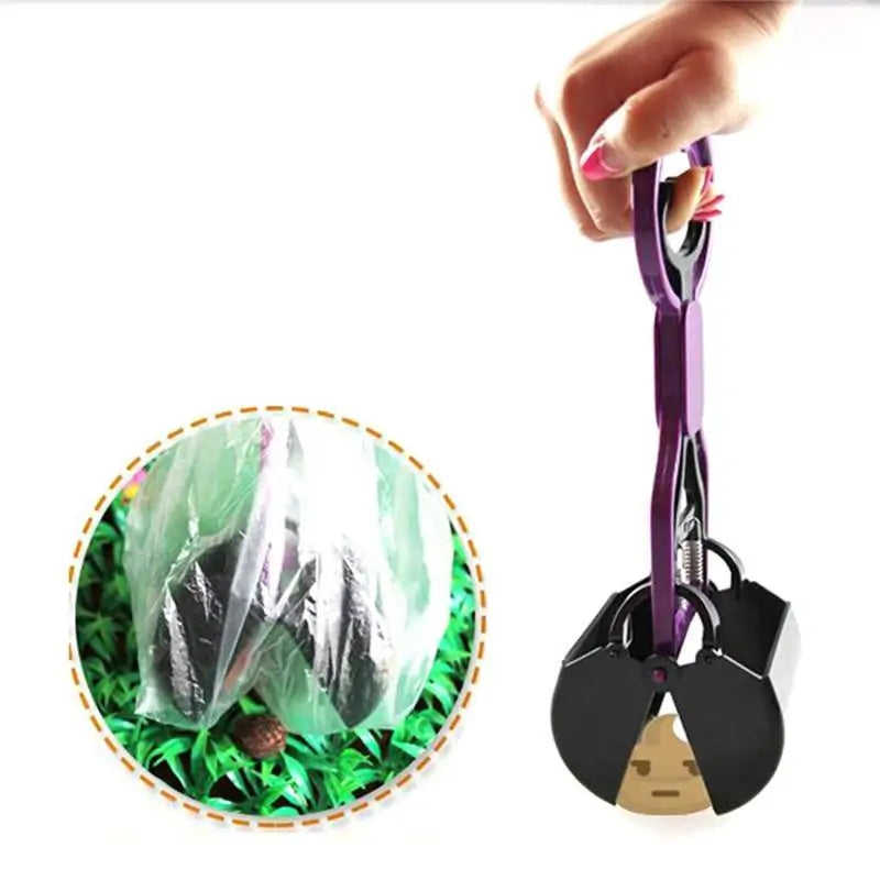 A hand holding a purple claw tool over a small bag, designed for picking up items effortlessly from grass or the ground.