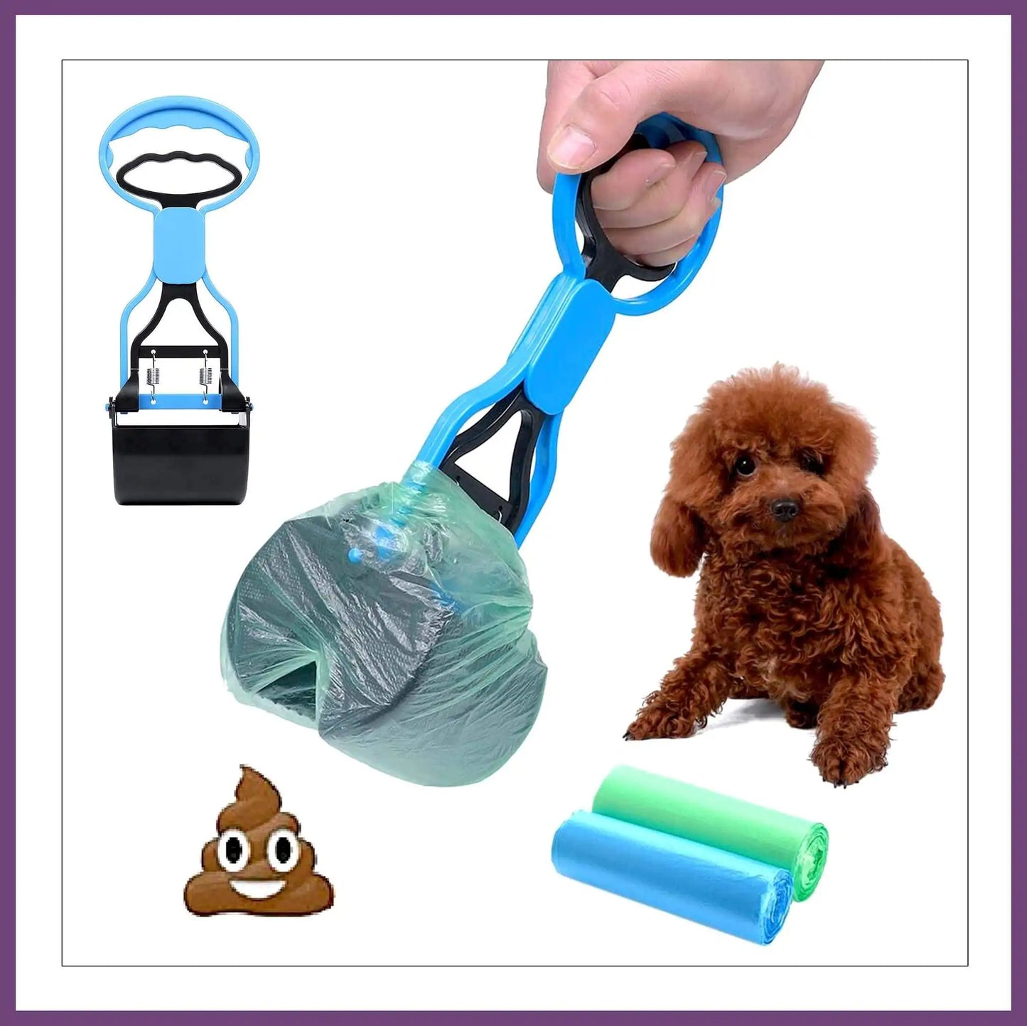 A person holds a blue dog waste scoop with a plastic bag, beside a small brown dog and rolls of waste bags on a white background.