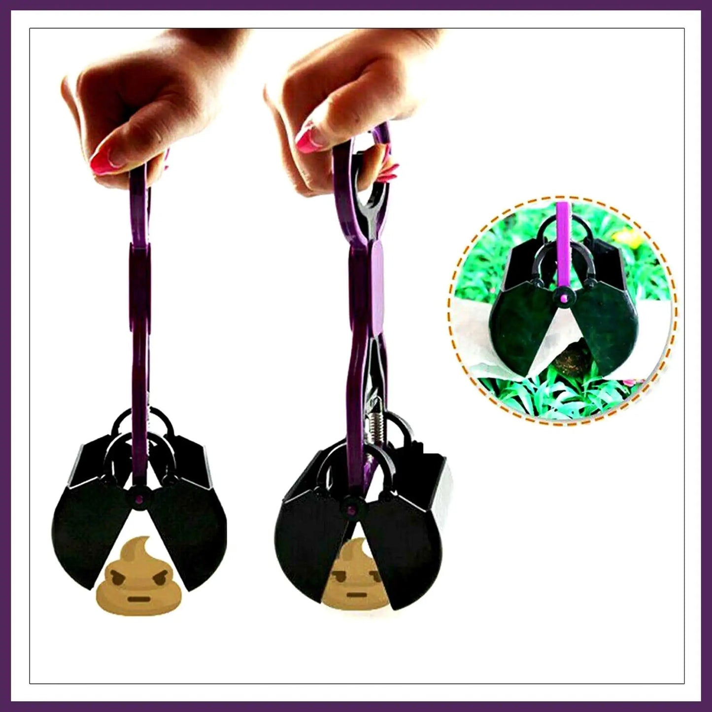 A hand holds a purple and black poop scooper, with a close-up of the scooper picking up pet waste in grass.