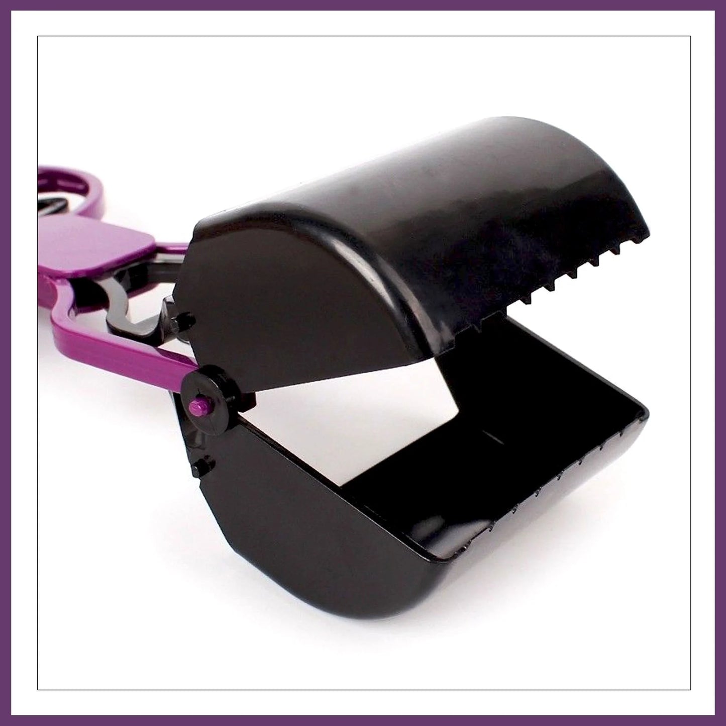 A black and purple hand-held scoop with a curved top and jagged edges, designed for easy waste removal or pet cleanup.