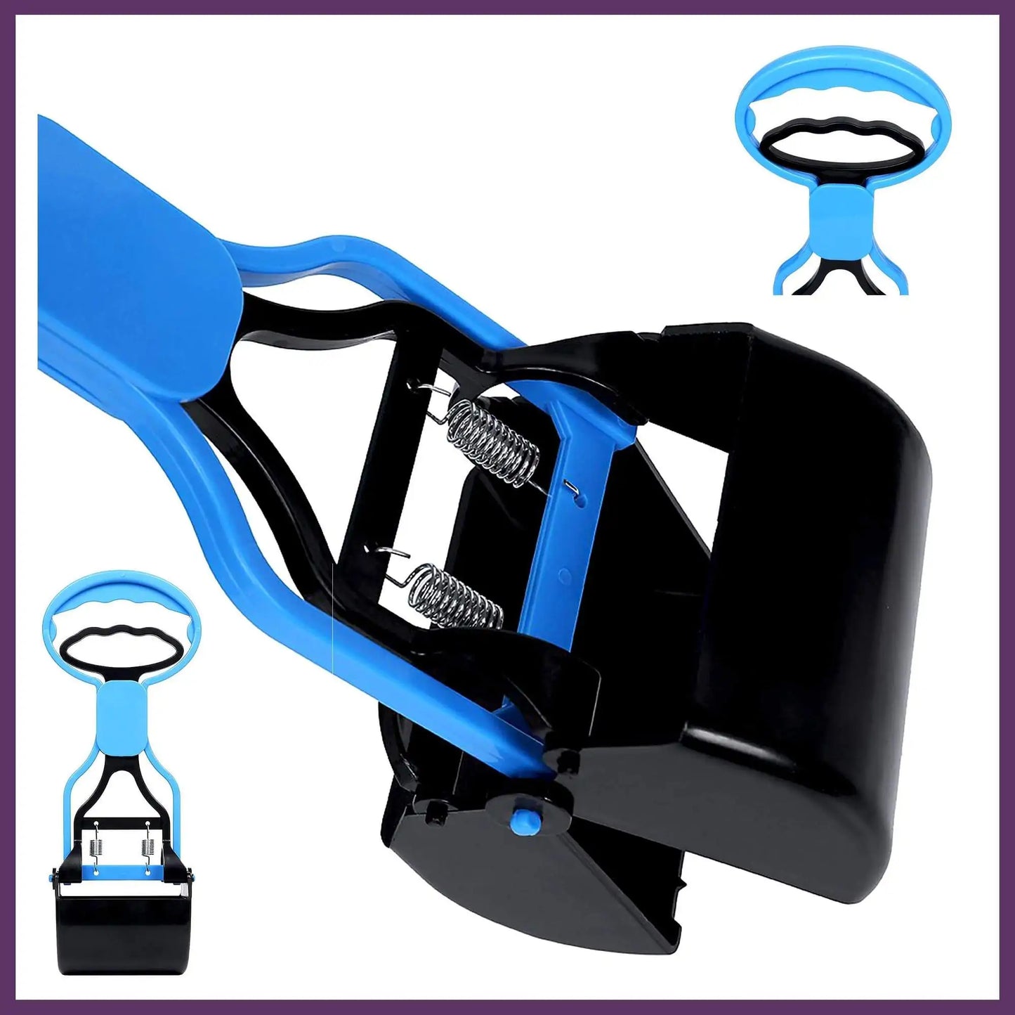 A blue and black waste scoop tool with a spring mechanism, designed for easy picking up of trash or pet waste.