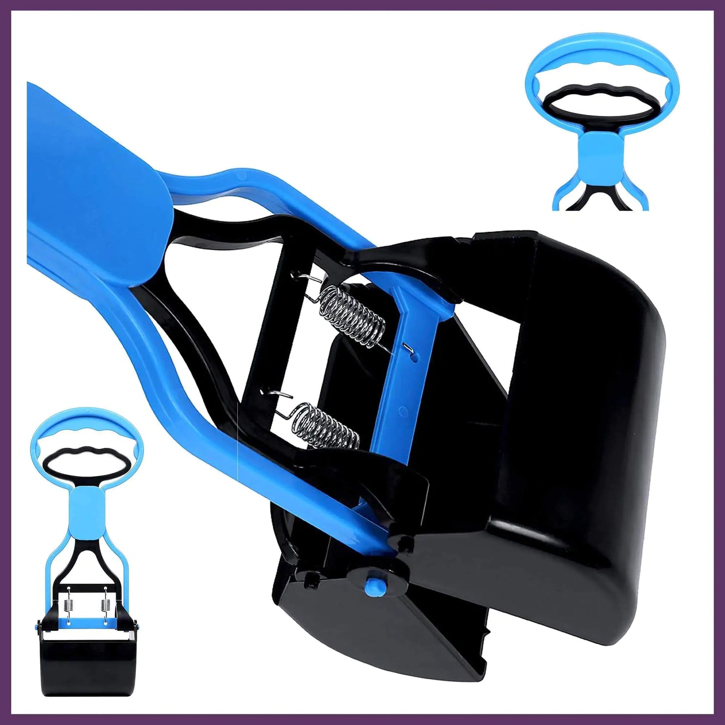A blue and black waste scoop tool with a spring mechanism, designed for easy picking up of trash or pet waste.