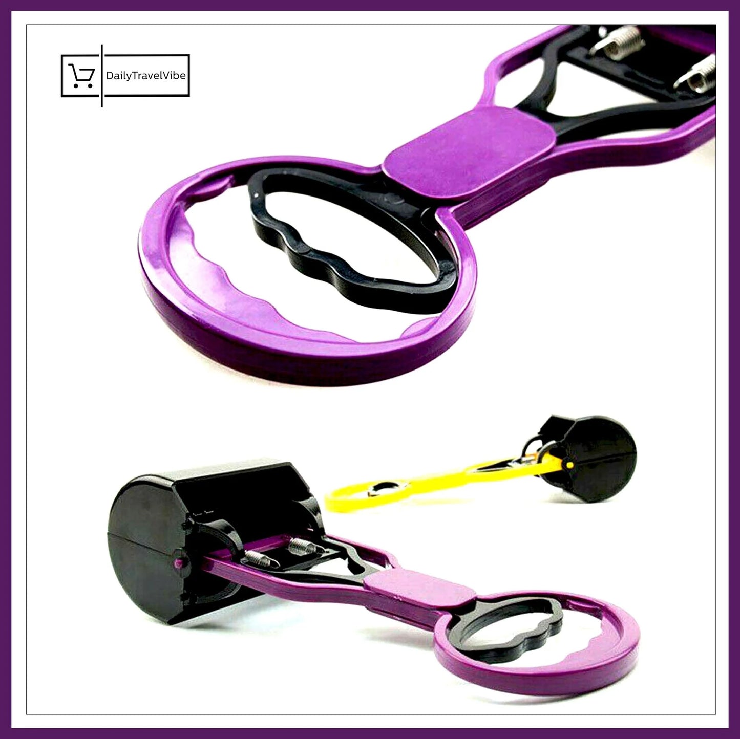 Close-up of a dual-color kitchen gadget, featuring purple and black components for lifting and gripping jars or lids effortlessly.