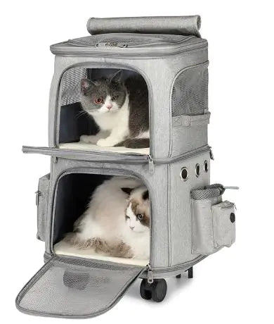 A stylish gray pet carrier with two levels, housing two cats comfortably, featuring multiple mesh windows and compartments for storage.