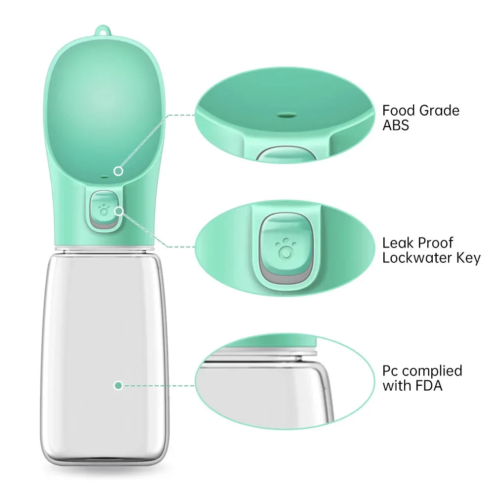 A green pet water bottle featuring a leak-proof lock button, made from food-grade ABS, with FDA compliance noted.
