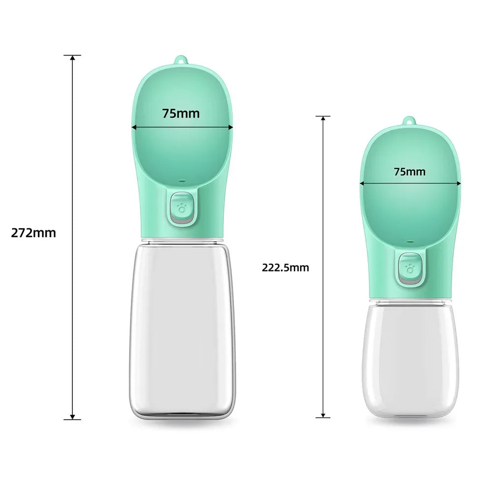 Two green pet feeder bottles displayed side by side, with dimensions marked: 272mm and 222.5mm heights, both 75mm wide.