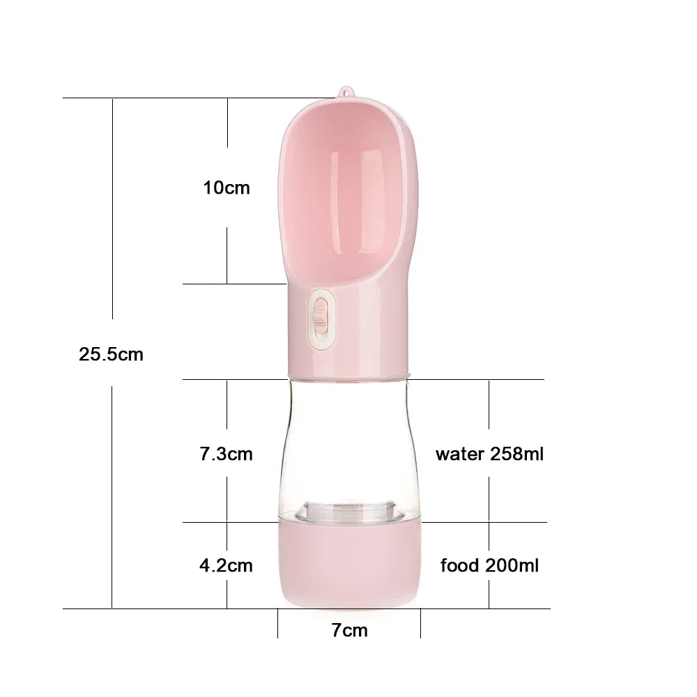 A pink portable pet water bottle with a scoop, measuring 25.5 cm tall, holds 258 ml of water and 200 ml of food.
