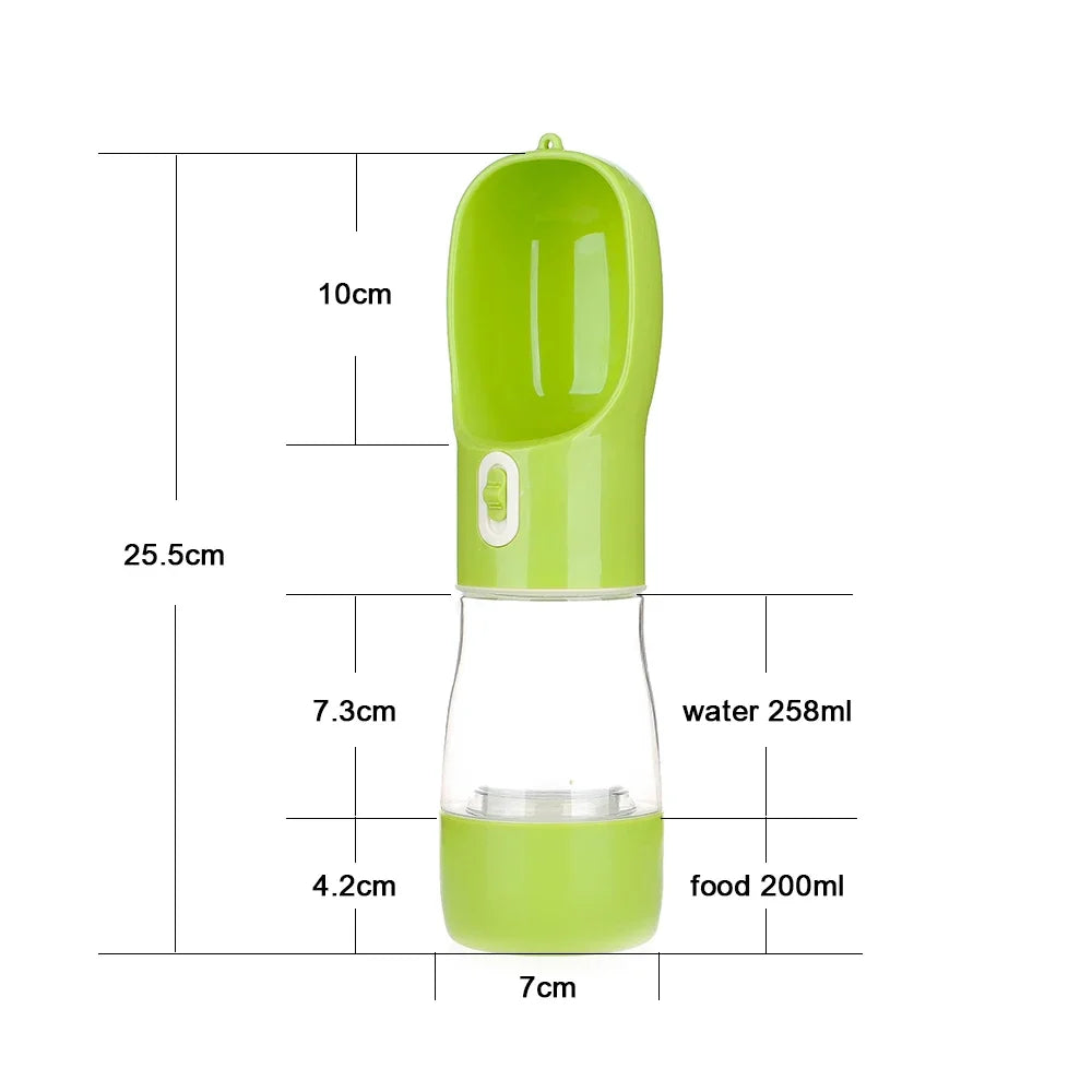 A green portable pet water bottle with a scoop, measuring 25.5 cm tall, holds 258 ml of water and 200 ml of food.