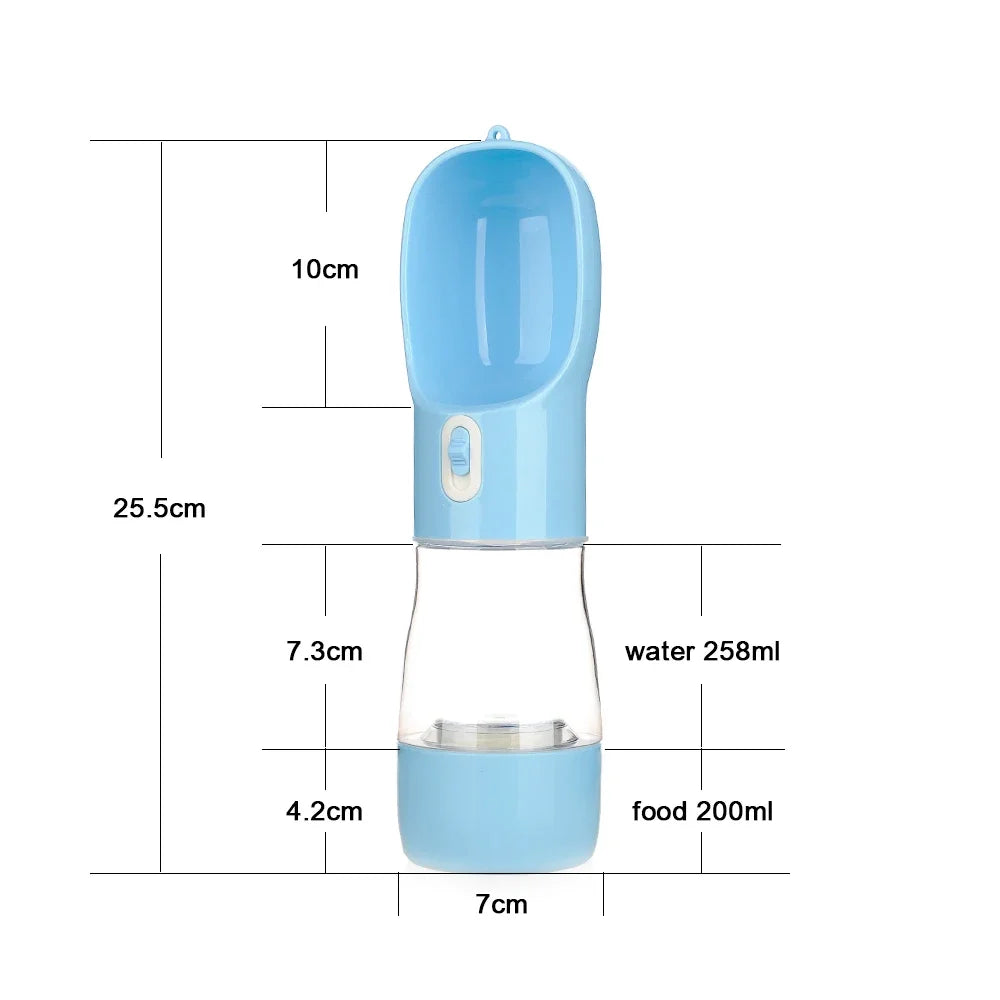A blue portable pet water bottle with a scoop, measuring 25.5 cm tall, holds 258 ml of water and 200 ml of food.